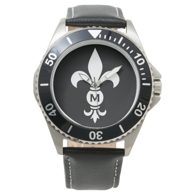 Montre Monogram Fleur De Lis Moderne Simple Noir & Blanc (devant)