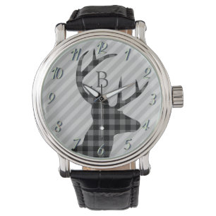 Montre Monogramme à rayures grises et cerfs plaqué tendan