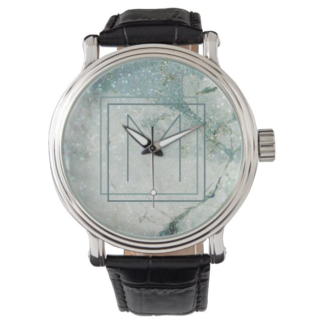 Montre Monogramme Abstrait moderne encadré Turquoise marb (devant)