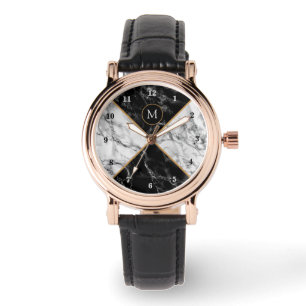 Montre Monogramme Affichage personnalisé Marbre noir blan