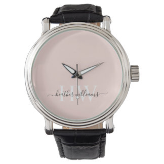 Montre Monogramme blanc uni rose pâle clair personnalisé