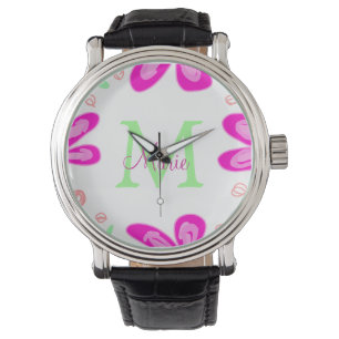 Montre monogramme de fleur rose ajouter nom lettre feuill