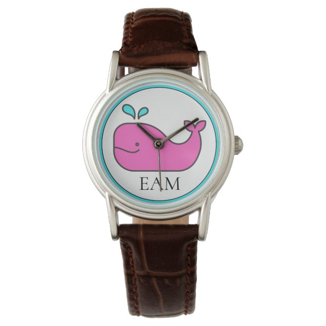 Montre Monogramme de Preppy Nautical Pink et Aqua Whale (devant)