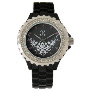 MONTRE MONOGRAMME DES GRIFFES ET FLEURS BLANCHES NOIRES