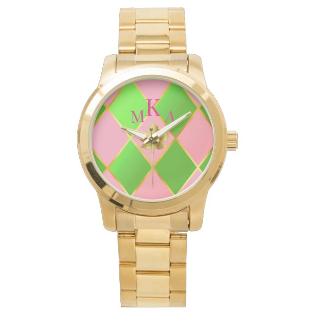 Montre Monogramme élégant Jacquard rose et vert or (devant)
