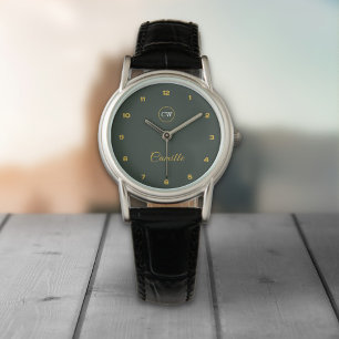 Montre Monogramme élégant Or & Forêt Vert