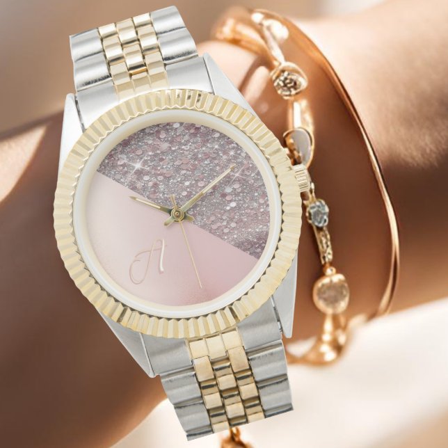 Montre Monogramme élégant or rose (Elegant rose gold monogram watch with glitter detail, personalized with your first initial.)