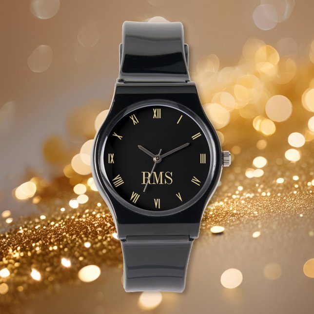 Montre Monogramme en or noir sur mesure Élégant Bracelet  (Custom Elegant Black Gold Monogram Silicone Strap Watch)
