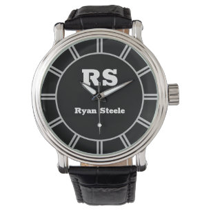 Montre Monogramme et nom blanc en gras, Lt Gris sur noir