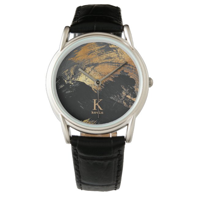 Montre Monogramme homme moderne nom noir or personnalisé (devant)