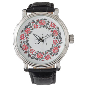 Montre Monogramme initial des roses rouges à point croisé
