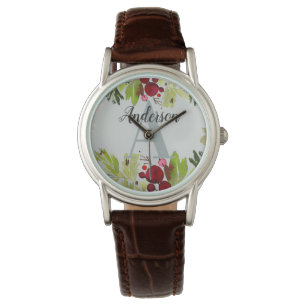 Montre Monogramme initial floral de feuillage d'aquarelle