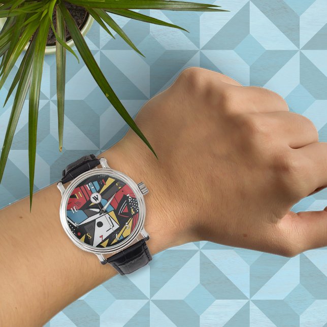 Montre Monogramme moderne rouge et noir géométrique Abstr (Créateur téléchargé)