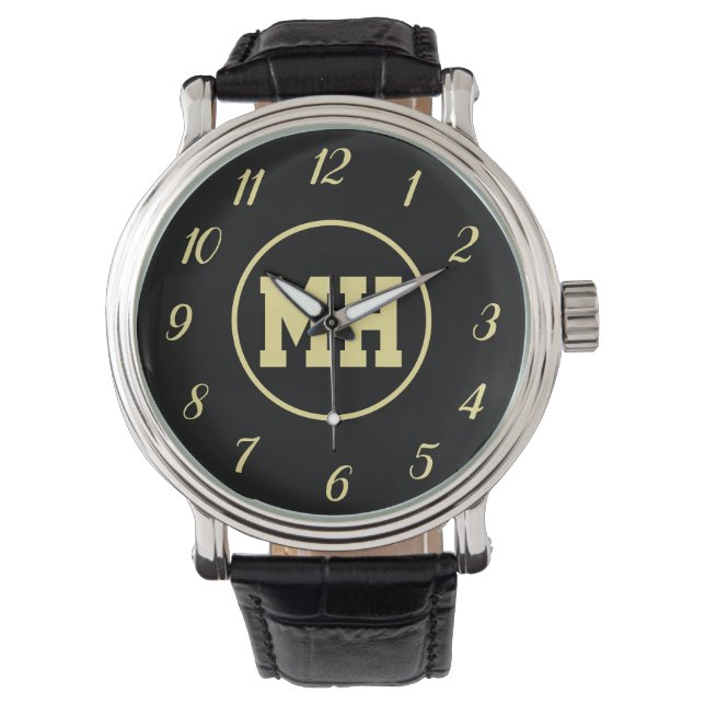 Montre Monogramme Noir Or Élégant Moderne Initiale (devant)