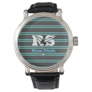 Montre Monogramme & nom en gras, Lt Turquoise Lines sur g