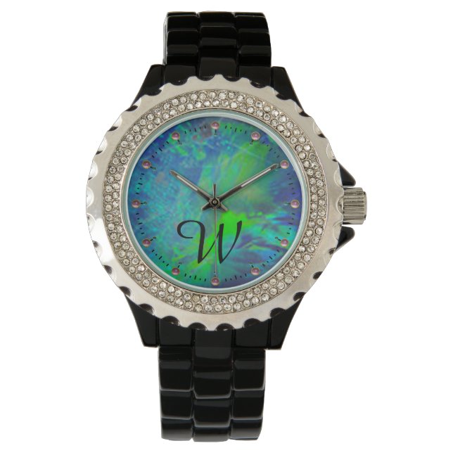 MONTRE MONOGRAMME PHOTO OPAL BLEU VERT ABSTRAIT (devant)