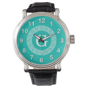 Montre Monogramme rond principal grec blanc turquoise