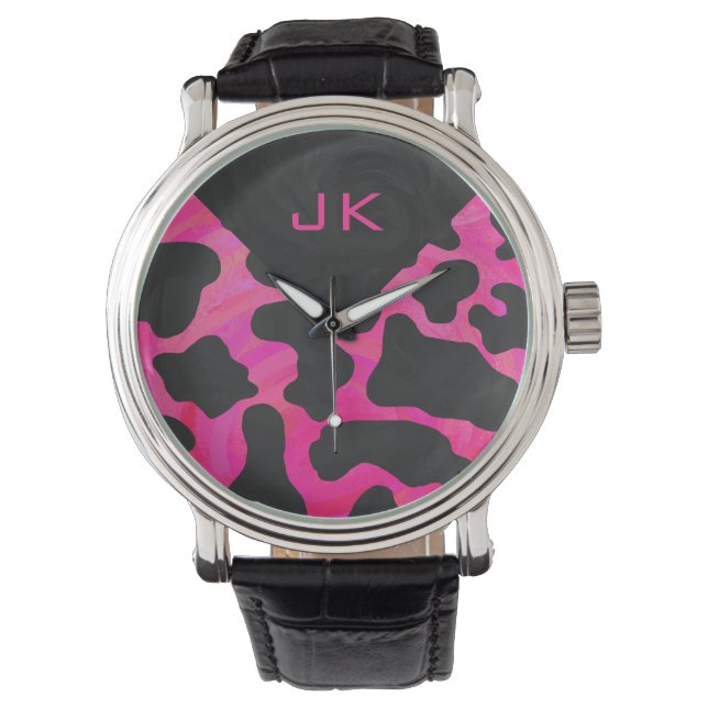 Montre Monogramme vache rose chaud et noir (devant)
