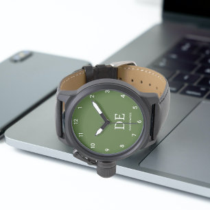 Montre Monogramme vert de forêt moderne minimaliste