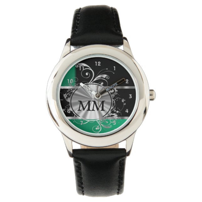 Montre Monogramme vert et argent sur noir (devant)