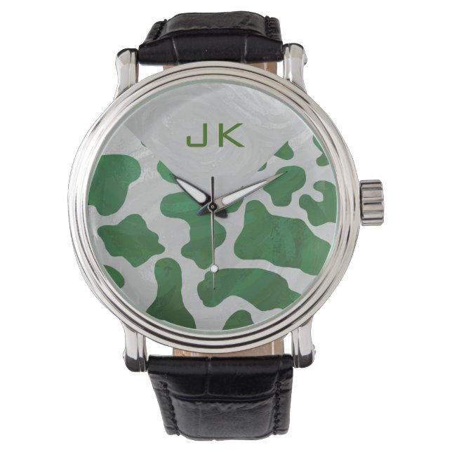 Montre Monogramme vert et blanc de vache (devant)