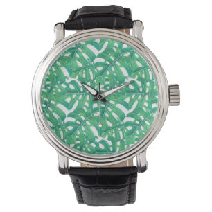 Montre Monstère verte tropicale feuille motif sur blanc b