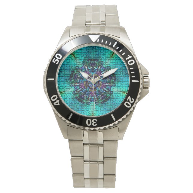 MONTRE MOSAÏQUE FRACTALE ABSTRAITE TURQUOISE (devant)