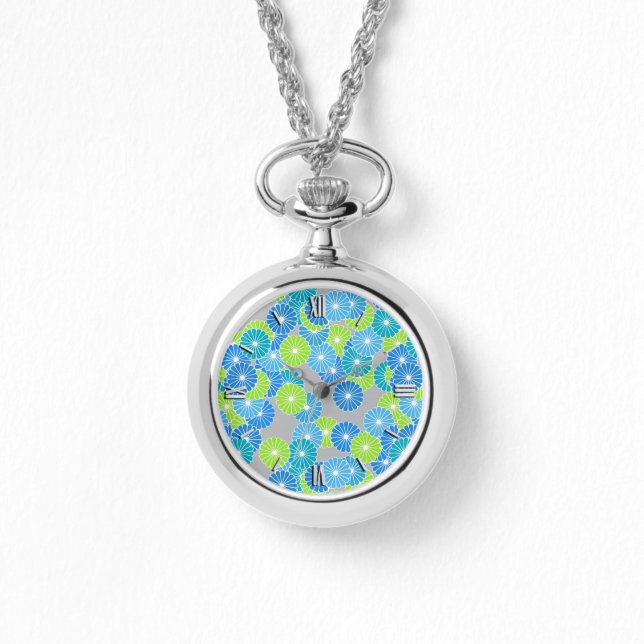 Montre Motif à fleurs Art Déco - bleu et vert citron (Recto)