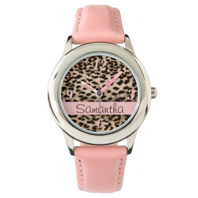 Montre Motif animal, brun, rose, monogramme (devant)
