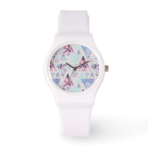 Montre Motif Aquarelle rose et bleu palmier