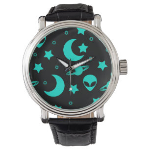 Montre Motif d'alien turquoise avec étoiles et lunes