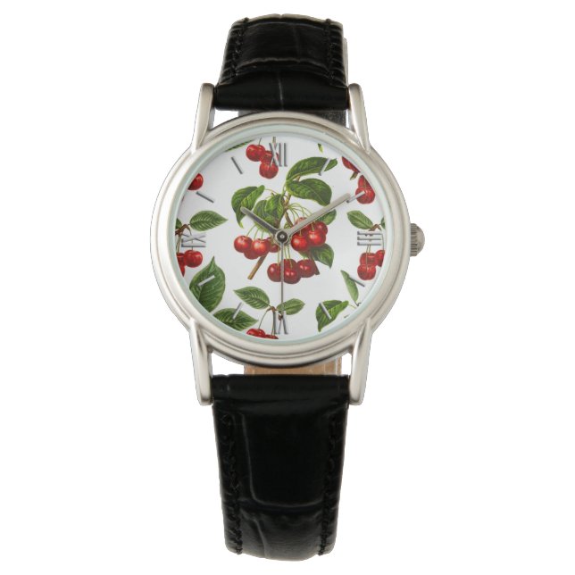 Montre Motif de cerise botanique rouge profond (devant)