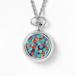 Montre Motif de fleurs Art Déco - bleu, turquoise et roug
