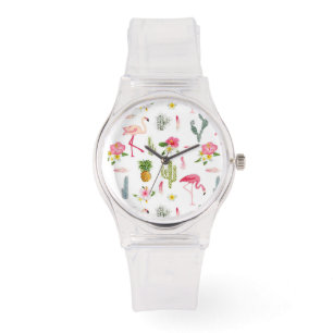 Montre Motif de ketmie d'ananas de cactus de Flamant rose
