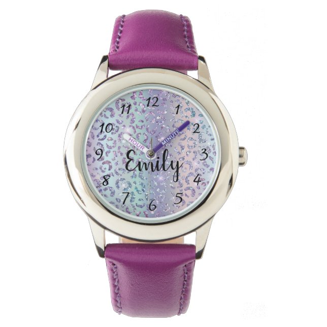 Montre motif de léopard violet élégant personnalisé (devant)