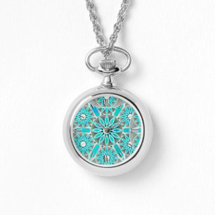 Montre Motif de mandala, turquoise, gris argenté et blanc