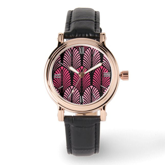 Montre Motif en plumes Art déco, rose et noir Fuchsia (Recto)