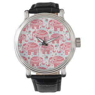 Montre Motif ethnique rouge d'éléphant