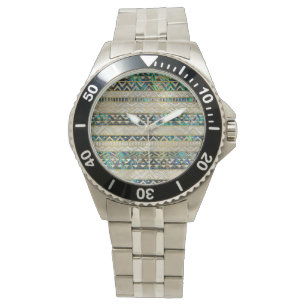 Montre Motif ethnique tribal Gold sur Abalone Shell Pearl