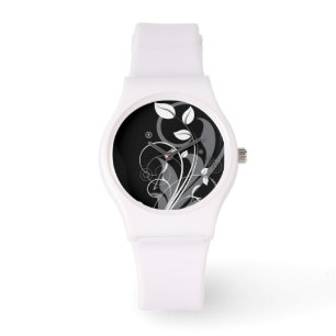 Montre Motif floral gris sur le noir