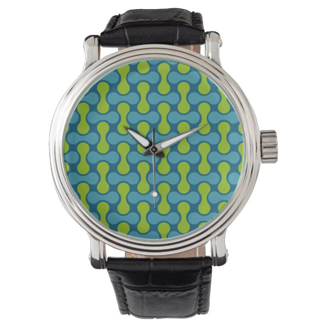 Montre Motif géométrique Abstrait rétro en bleu et vert (devant)