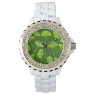 Montre Motif Ginkgo sur vert foncé