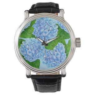 Montre Motif hydrangée bleu