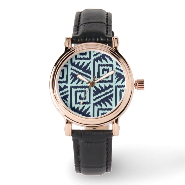 Montre Motif Ikat Aztec - Indigo et bleu clair (Recto)