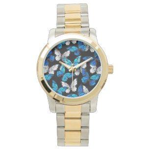 Montre Motif sans couleur foncée avec papillons bleus Mor