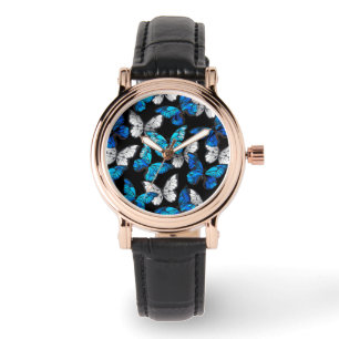 Montre Motif sans couleur foncée avec papillons bleus Mor