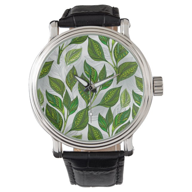 Montre Motif sans couture avec Feuilles de thé vert (devant)