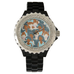 Montre Motif sans couture avec filles noires et blanches