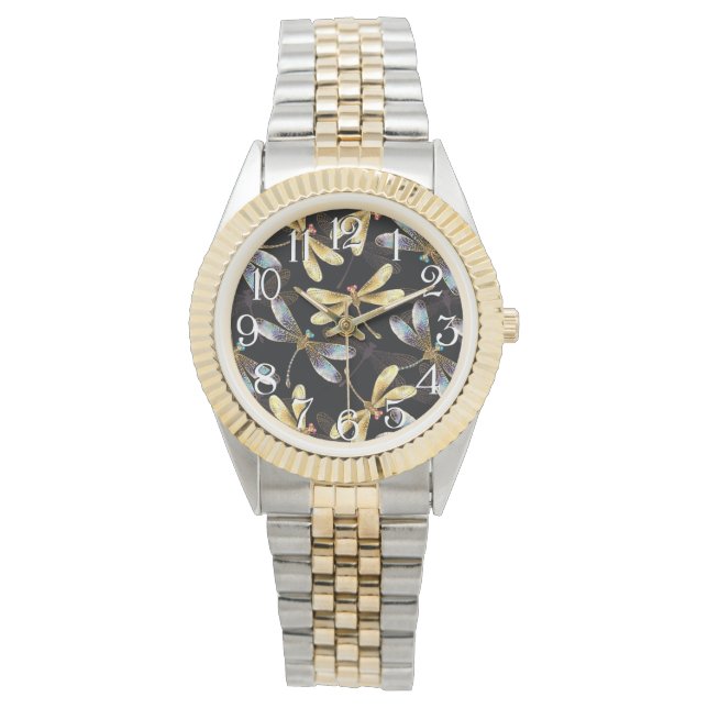Montre Motif sans couture avec libellules d'or (devant)