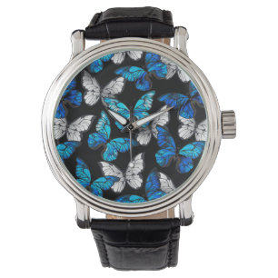 Montre Motif sans couture sombre avec papillons bleus Mor